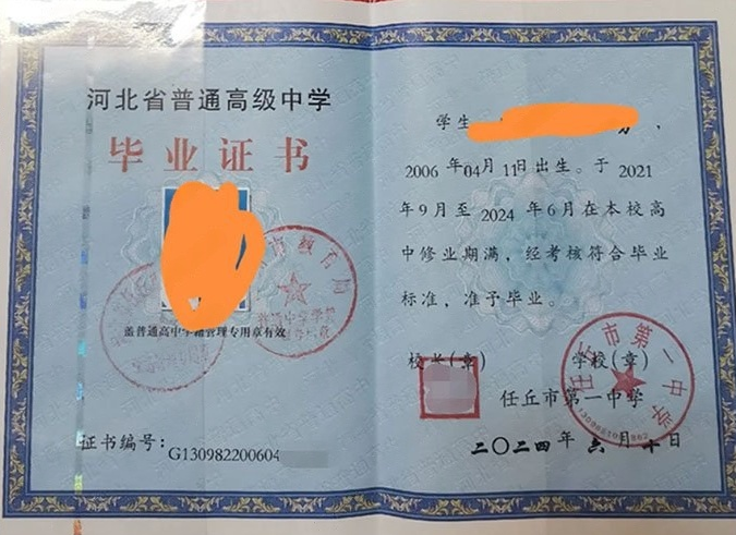 天津任丘市第一中学高中毕业证样本图片